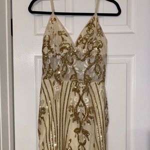 Gold Sheer Strappy Panel Sequin Bodycon Dress